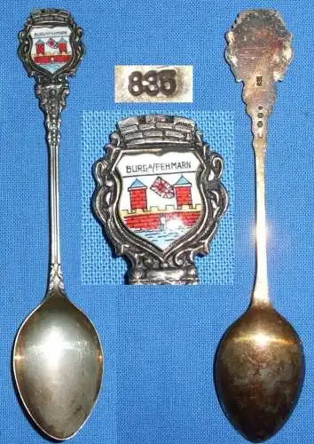 alter Sammler-Andenken-Löffel Burg a./Fehmarn 835 Silber m. Wappen aus Emaille