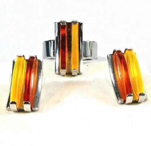 Set Ohrringe Stecker und Ring aus Edelstahl mit Bernsteinfarbenen Stein  
