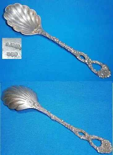 original alter Zuckerlöffel mit Muschellaffe und Blütenmuster 800 Silber