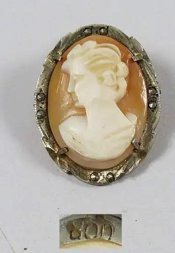 Wunderschöner Anhänger/Brosche Muschelgemme in 800er Silber gefasst  (da5311)