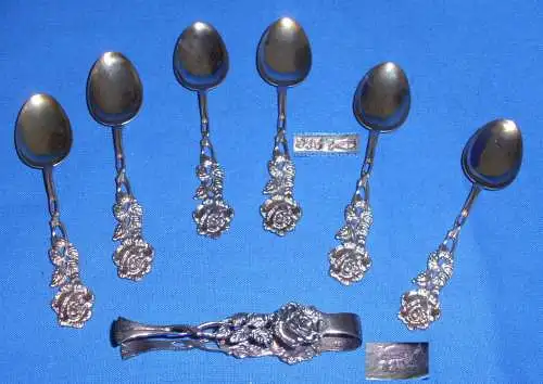 6 Mokkalöffel und 1 Zuckerzange aus 835er Silber Fischland Rose  (da4123)