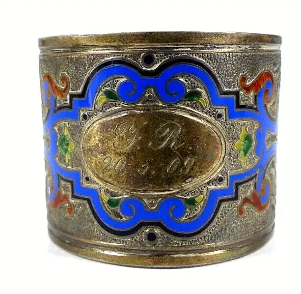 Toller Serviettenring von 1909 aus 800 Silber  emailliert mit Monogramm F. R. 0