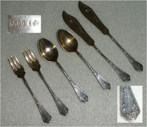 Gründerzeit 2 Kuchengabeln, 2 Kaffeelöffel, 2 Vorleger 800er Silber  (da3454)