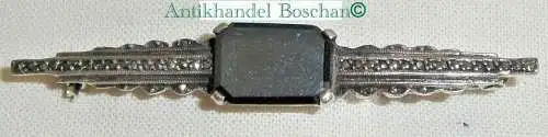 Sehr feine Brosche 835 Silber mit Onyx und Markasiten (d1030) 