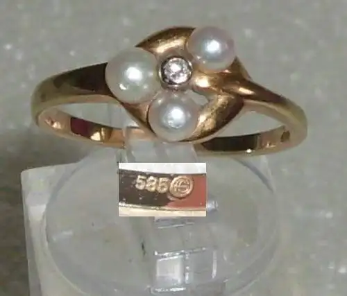 Ring aus 585er Gold mit Perlen und Diamant, Gr. 56, Ø 17,8 mm (da3574)