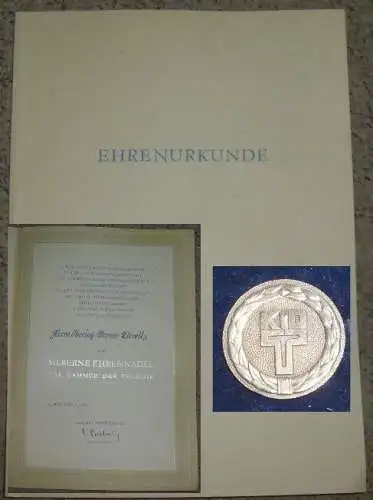 DDR Silberne Ehennadel der Kammer der Technik, in OVP mit Verleihungsurkunde