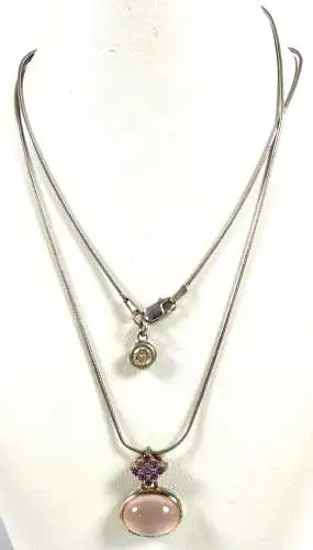 Kette aus 925 Silber mit Anhänger mit Rosenquarz, Amethyste und weißem Stein
