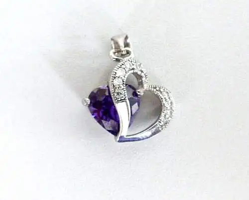 Herz Anhänger aus 925 Silber mit Amethyst und weißen Steinen