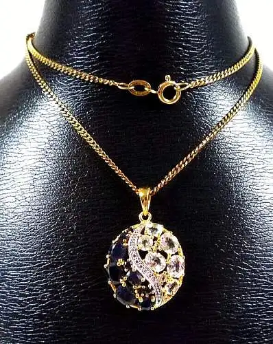 Double  Kette und Anhänger  925 Silber vergoldet mit Saphiren + Zirkonia  42 cm