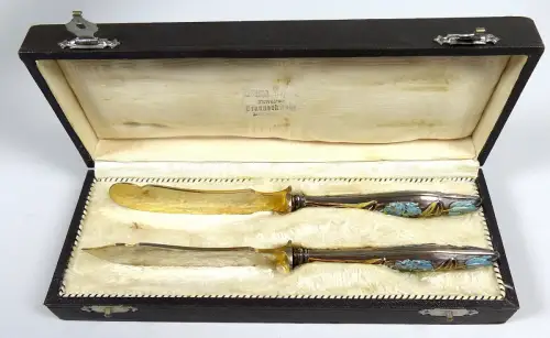 2 Jugendstil Vorleger aus 800 Silber emailliert in OVP Braunschweig