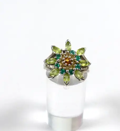 Ring aus 925 Silber  mit Peridot, Turmalin und Feueropal  Größe 54