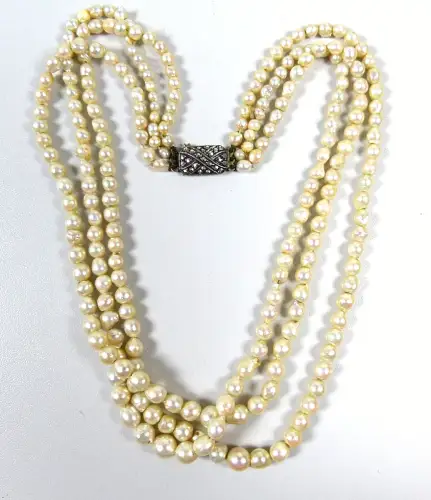 alte Dreireihige Perlen-Kette mit Schloß aus 800 Silber mit Markasiten