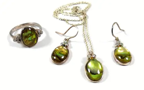 Set Ohrringe, Kette und Ring Gr. 62 aus 925 Silber Powershell   15,1 Gramm