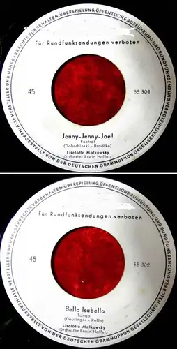 Single Liselotte Malkowsky: Jenny Jenny Joe! (Polydor 55 301) Musterplatte