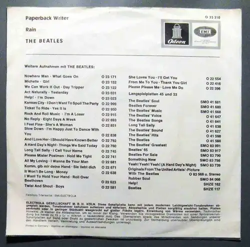 Single Beatles: Paperback Writer (Odeon O 23 210) D