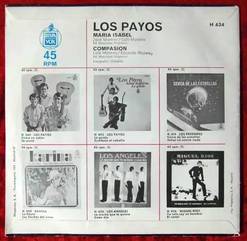 Single Los Payos: Maria Isabel (Hispavox H 434) Spanien