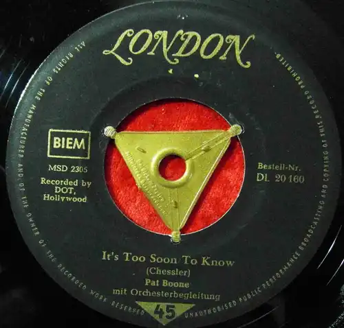 Single Pat Boone: It´s To Soon To Know (London DL 20 160) D