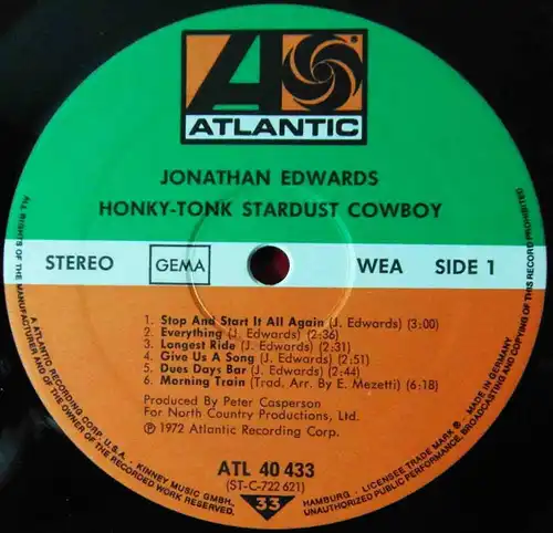 LP Jonathan Edwards: Honky Tonk Stardust Cowboy (Atlantic ATL 40 433) D 1972