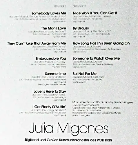 LP Julia Migenes: Gershwin Love Songs (Ariola 91 663 5) Club Edition