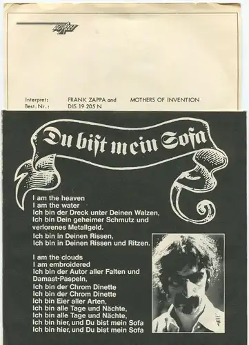 Single Frank Zappa & Mothers Of Invention: Du bist mein Sofa (Discreet) PR Facts
