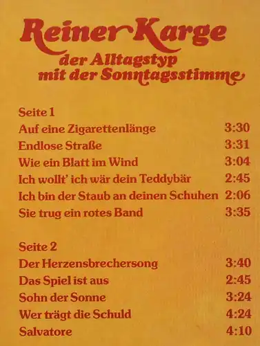 LP Reiner Karge: Auf eine Zigarettenlänge (Ahorn 623982 AP) D 1979