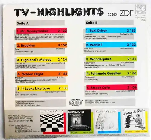 LP TV Highlights des ZDF (Happy HR 2250) D 1986 Hans Hammerschmid Rolf Kühn