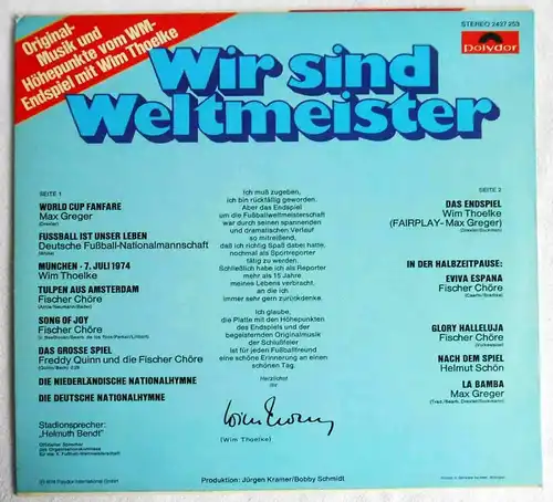 LP Wir sind Weltmeister - Original Musik und Höhepunkte vom WM Endspiel 1974 -