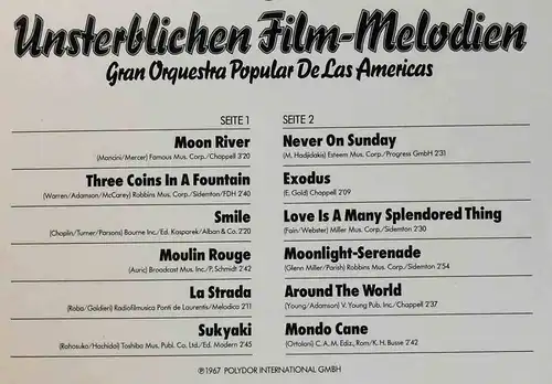 LP Gran Qrquestra Popular de Las Americas: Großen 12 Unsterblichen Filmmelodien