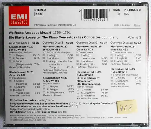 4CD Box Christian Zacharias: Mozart - Die Klavierkonzerte Vol. 3 (EMI) 1991