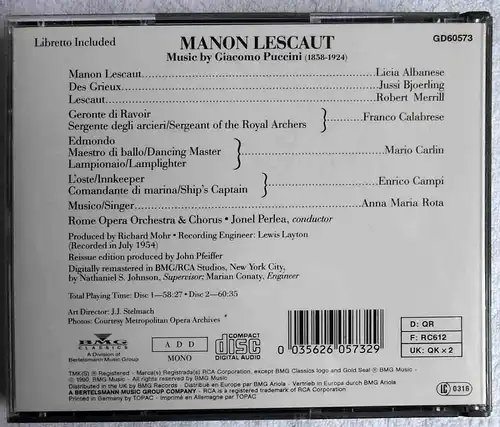 2CD Puccini: Manon Lescaut - Licia Albanese Jussi Bjoerling Robert Merrill (RCA)