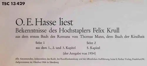 LP O.E. Hasse liest Thomas Mann Bekenntnisse des Hochstaplers Felix Krull (1964)