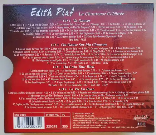 4CD Box Edith Piaf; La Chanteuse Celebrée 