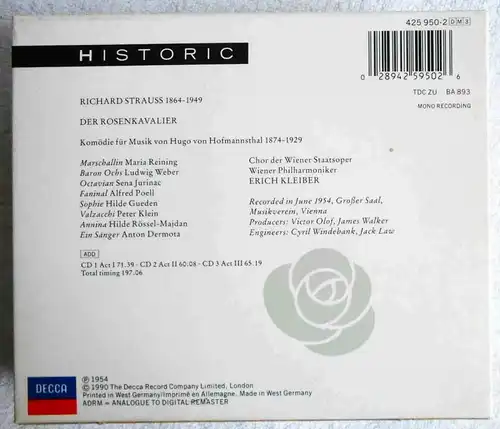 3CD Box Erich Kleiber - Strauss: Rosenkavalier (Decca) 1990