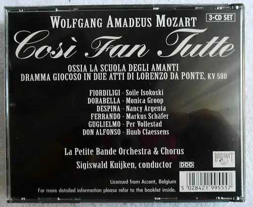 3CD Mozart Cosi Fan Tutte - Opera bouffe - Sigiswald Kuijken Isokoski Groop....