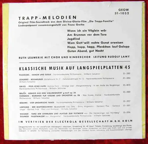 EP Ruth Leuwerik & Kinderchor Rudolf Lamy: Trapp Melodien (Odeon 31-1052) D