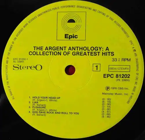 LP Argent: Anthology - Collection of Greatest Hits (Epic 81202) NL 1976