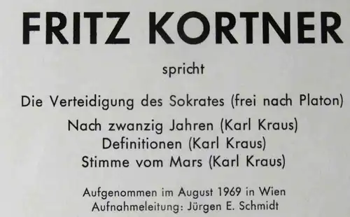 LP Fritz Kortner spricht Verteidigungsrede des Sokrates / Gedichte v. Karl Kraus