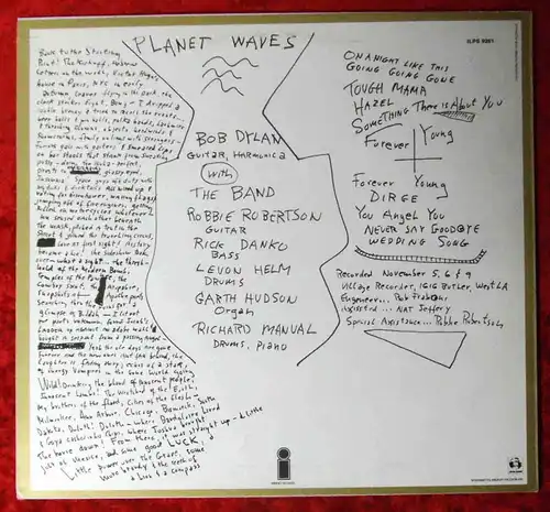 LP Bob Dylan: Planet Waves (Island ILPS 9261) NL1974 mit Textblatt