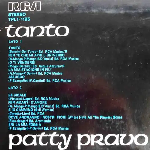 LP Patty Pravo: Tanto (RCA Italiana TPL1-1195) Italy 1976 Promo