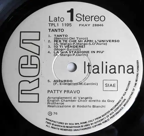 LP Patty Pravo: Tanto (RCA Italiana TPL1-1195) Italy 1976 Promo