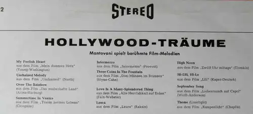 LP Mantovani: Hollywood Träume (Decca Stereo SKL 4002) D