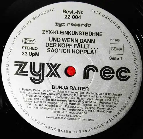 LP Dunja Rajter: Und wenn dann der Kopf fällt sag ich Hoppla! (Zyx 22004) D 1985