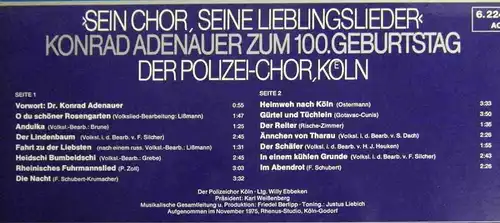 LP Polizei Chor Köln: Sein Chor, seine Lieblingslieder -Konrad Adenauer zum 100.