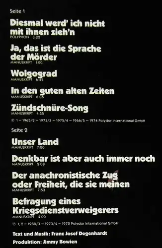 LP Franz Josef Degenhardt: Friedenslieder Diesmal werd ich nicht mit ihnen ziehn