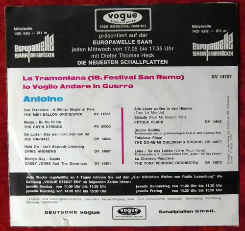Single Antoine: La Tramontana (Vogue DV 14 707) D 1968 San Remo Festival