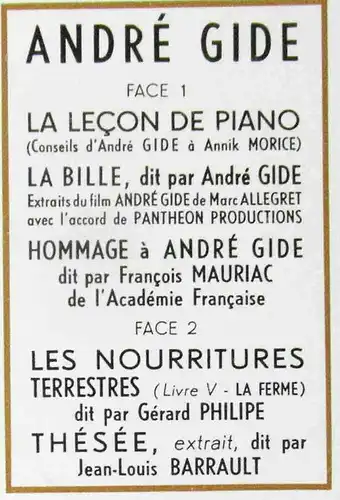 LP Francois Mauriac Gerard Philipe Jean Louis Barrault: André Gide (Festival) F