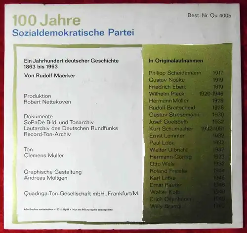 LP 100 Jahre SPD - Originalaufnahmen - Ein Jahrhundert deutscher Geschichte 1963