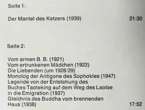 LP Helene Weigel liest Brecht - Gedichte und Prosa (Heliodor 2571 003) D