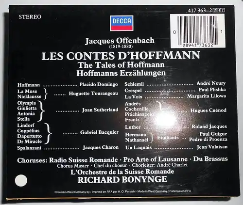 2CD Offenbach: Hoffmann´s Erzählungen - Sutherland Domingo Bonynge (Decca) 1986