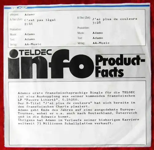 Single Adamo: C´est Pas Legal (Teldec 612700 AC) D 1980